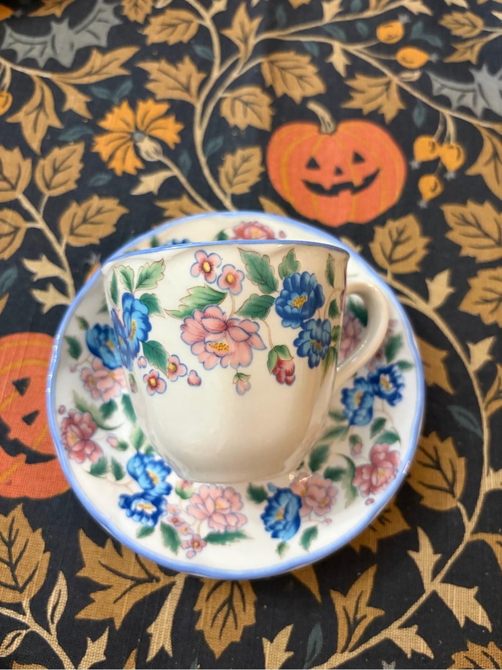 Laura Ashley Cream Teacup and Saucer with Blue and Pink Floral Pattern